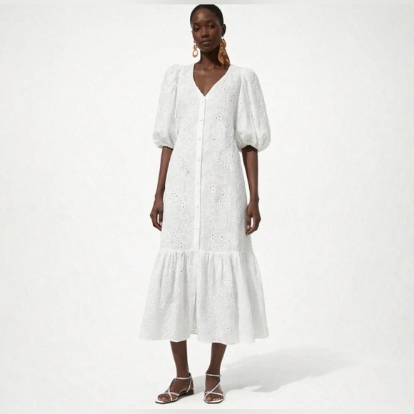 Zara Dresses & Skirts - Zara White Eyelet Puff Sleeve Midi Dress Cottagecore Spring Capsule Chic
